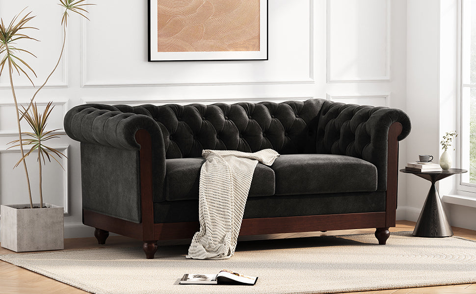 VIVALUX Chesterfield Velvet Loveseat Sofa, 2-Person Rolled Arm Upholstered Couch, Black, Pine Wood Frame, 59.44' - Grand Goldman Shop
