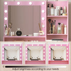 Vanity Desk with Mirror & Light, Large Drawer Three Level Storage Dresser, 3 Lighting Modes Adjustable Brightness, Bedroom Dressing Table(Pink) - Grand Goldman Shop