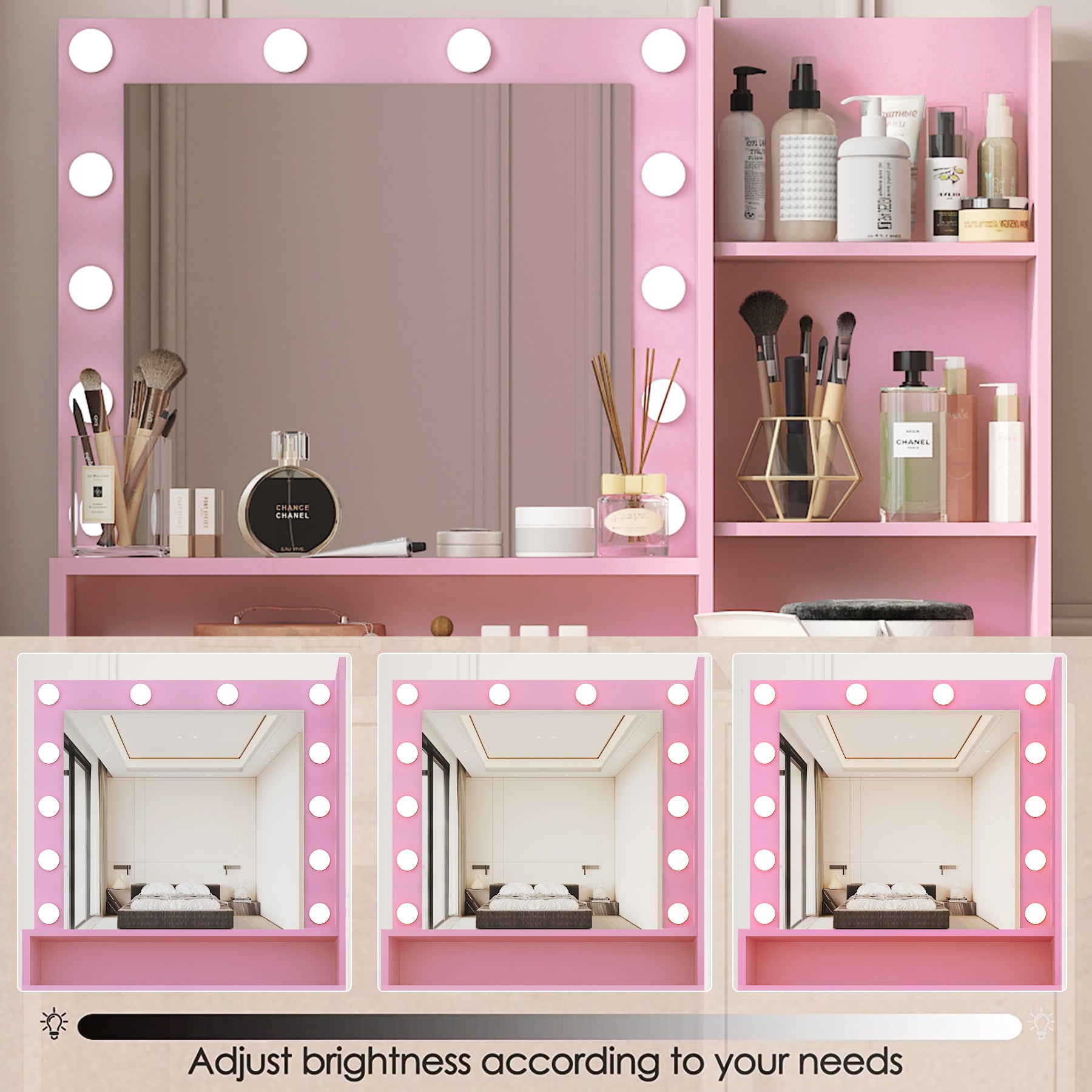 Vanity Desk with Mirror & Light, Large Drawer Three Level Storage Dresser, 3 Lighting Modes Adjustable Brightness, Bedroom Dressing Table(Pink) - Grand Goldman Shop