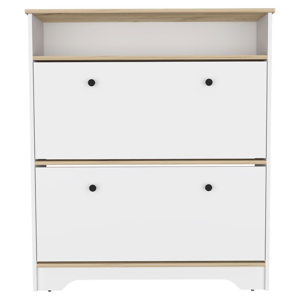 Calgary Shoe Rack, Superior Top, One Open Shelf, Two Extendable Shelves -Light Oak / White - Grand Goldman Shop