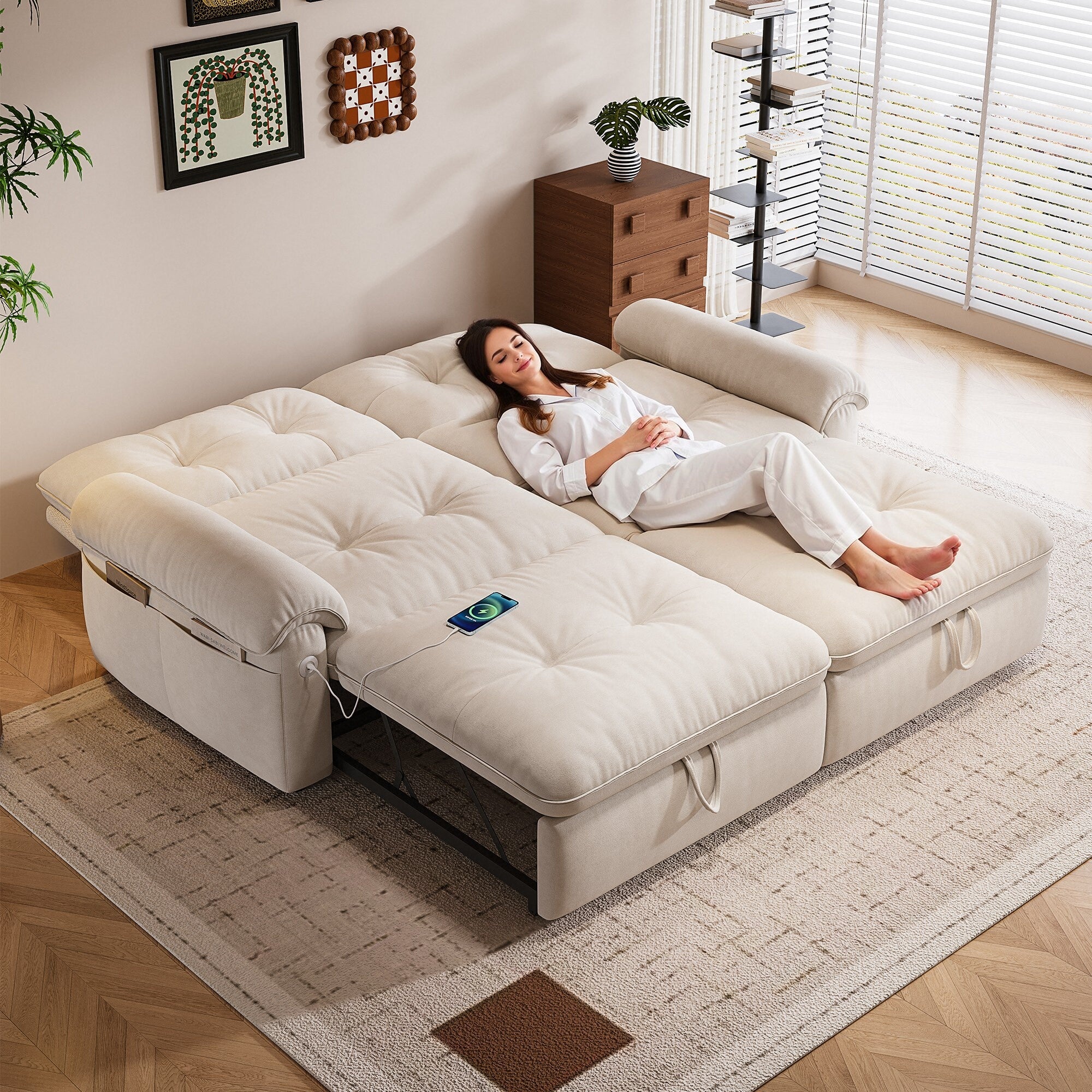 W3820S00024, a 77-inch convertible sofa bed, and a 2-in-1 piece suitable for both sitting and lying. Made of cloud-like fabric, it is applicable to living rooms, bedrooms and apart - Grand Goldman Shop