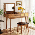 43.3' Classic Wood Makeup Vanity Set with Flip-top Mirror and Stool, Dressing Table with Three Drawers and storage space, Brown - Grand Goldman Shop