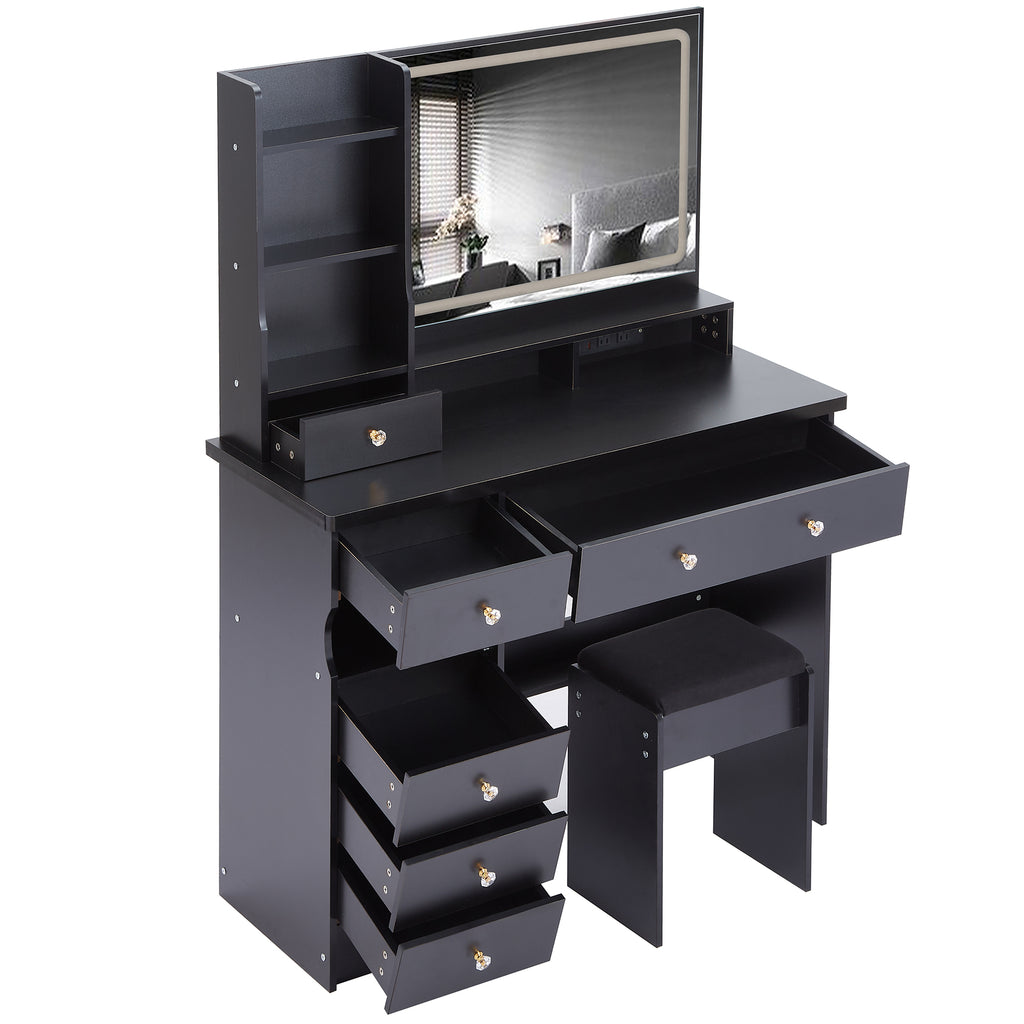 41' Large Size Left Drawer Desktop Vanity Table+Cushioned Stool Dresser Set, 2 AC+2 USB Power Station, Hair Dryer Stand, Extra Large Touch Control LED Mirror, 3-color Switch, EPA, GCC, UL Certificate - Grand Goldman Shop