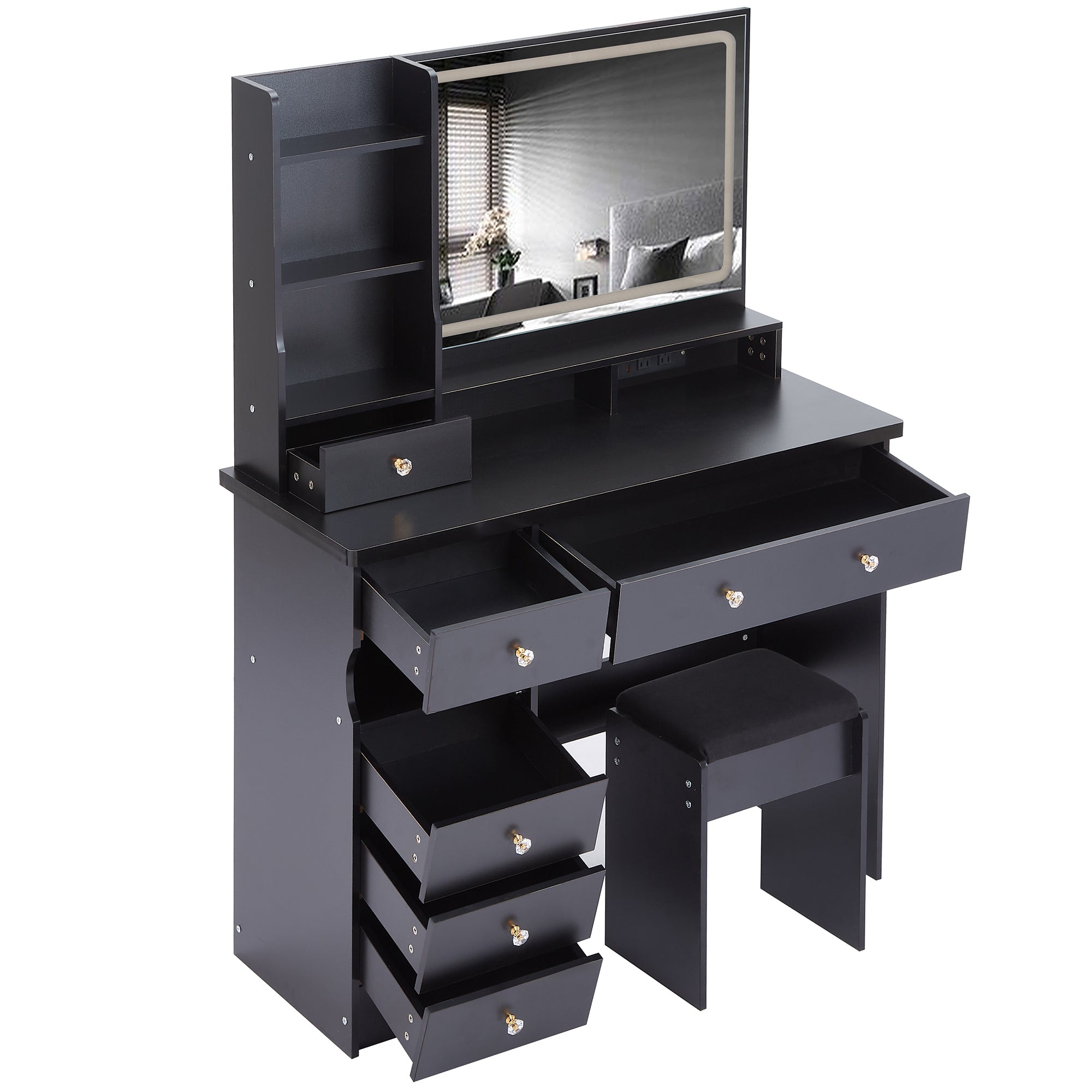 41' Large Size Left Drawer Desktop Vanity Table+Cushioned Stool Dresser Set, 2 AC+2 USB Power Station, Hair Dryer Stand, Extra Large Touch Control LED Mirror, 3-color Switch, EPA, GCC, UL Certificate - Grand Goldman Shop