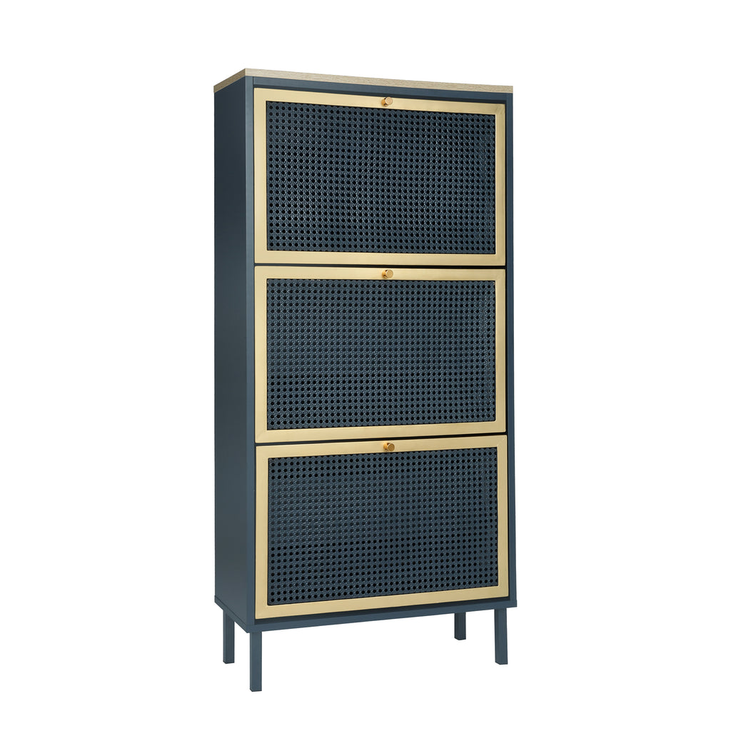 3-Door Metal Shoe Rack, Freestanding Modern Shoe Storage Cabinet with Metal Rattan - Blue-Gray Particle Board - For Entryway - Grand Goldman Shop