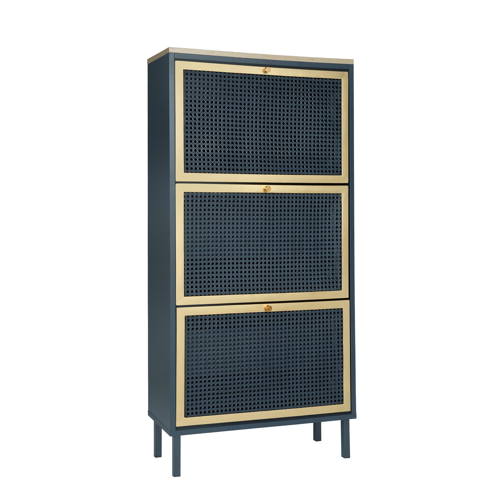 3-Door Metal Shoe Rack, Freestanding Modern Shoe Storage Cabinet with Metal Rattan - Blue-Gray Particle Board - For Entryway - Grand Goldman Shop