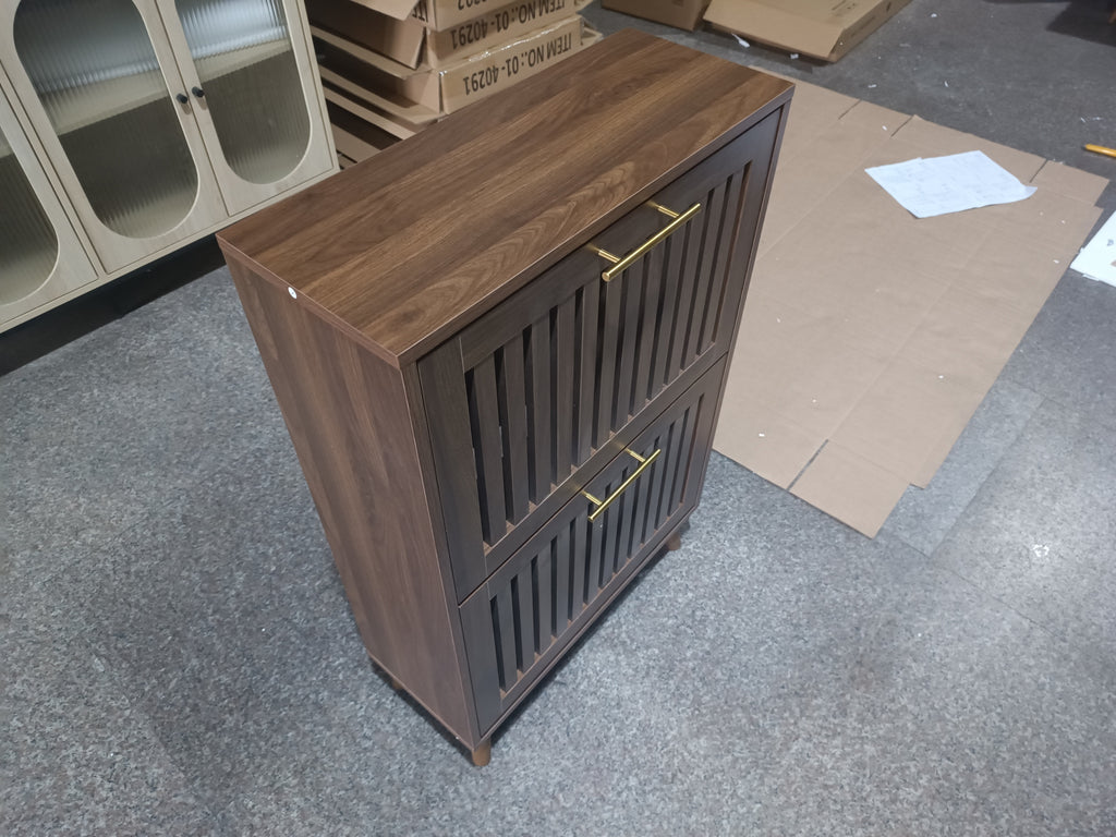Medieval Modern Walnut Shoe Cabinet With 2 Flip Drawers And Fence Design, 23.6-Inch,MDF - Grand Goldman Shop
