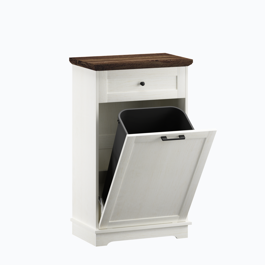 10 Gallon Tilt Out Trash Cabinet Freestanding Trash Bin Cabinet Wood Garbage Recycling Cabinet with Drawer Pet Proof Trash Can Holder for Kitchen Living Room, Antique White (Not include trash can) - Grand Goldman Shop