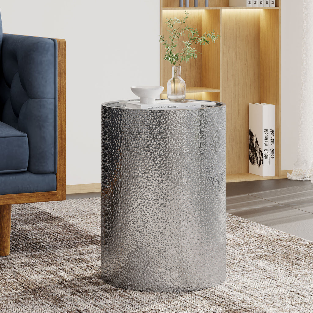 Modern Round Accent Table with Hammered Surface in Silver Iron Frame - Grand Goldman Shop