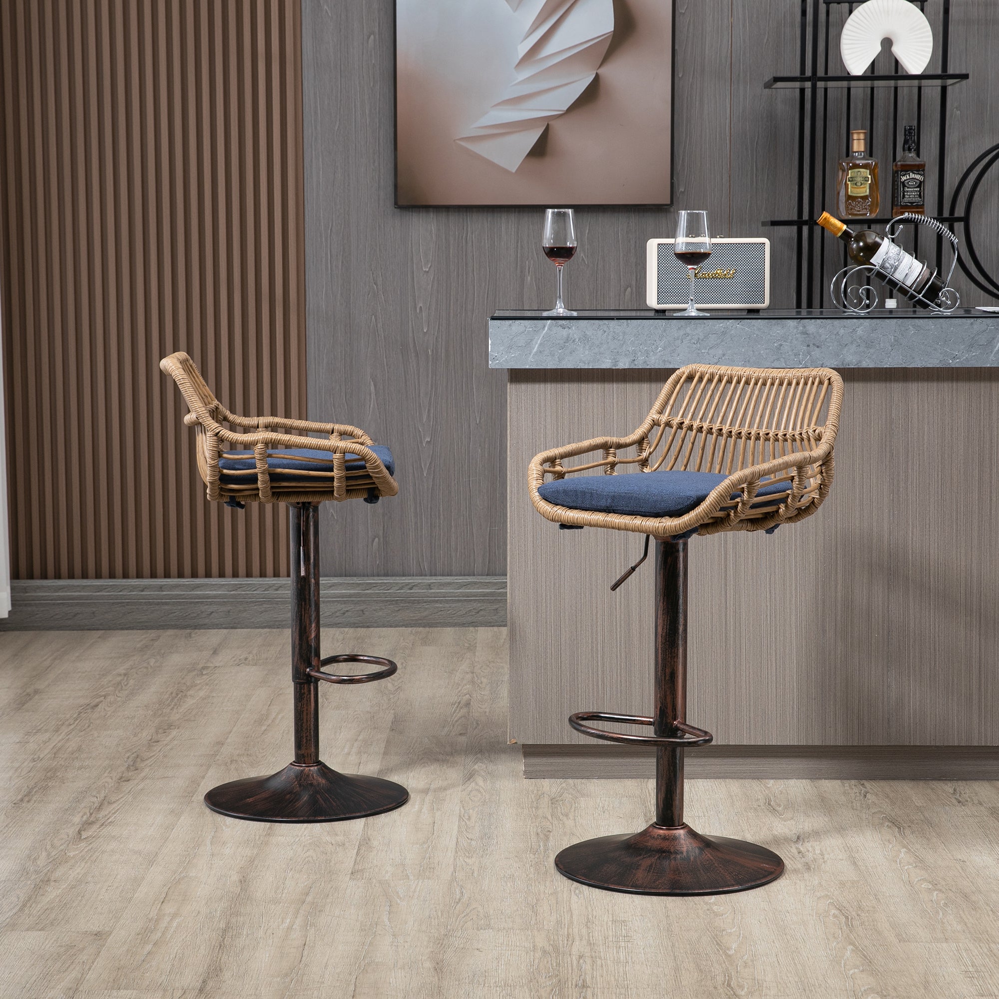 COOLMORE Modern Swivel Bar Stools Set of 2 Adjustable Counter Height Chairs with Footrest Blue Linen - Grand Goldman Shop