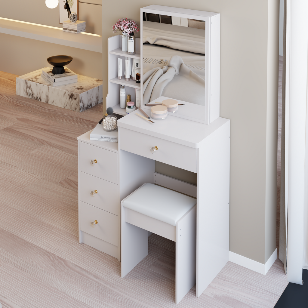 29.2' Small Space Left Bedside Cabinet Vanity Table + Cushioned Stool, Extra Large Right sliding mirror, Multi Layer High Capacity Storage, Practical Fashionable Dresser, EPA, GCC, UL Certificate - Grand Goldman Shop