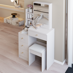 29.2' Small Space Left Bedside Cabinet Vanity Table + Cushioned Stool, Extra Large Right sliding mirror, Multi Layer High Capacity Storage, Practical Fashionable Dresser, EPA, GCC, UL Certificate - Grand Goldman Shop