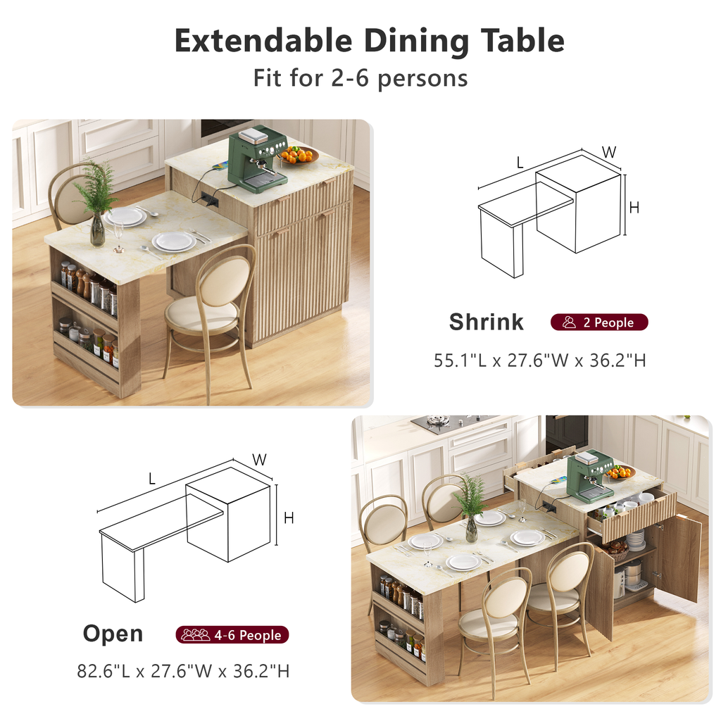 K&K 82.6' Fluted Kitchen Island with Extendable Dining Table for 4-6, Island Table for Kitchen with Power Outlet, Kitchen Table with Double-Side Storage, 2 Drawers 2 Side Open Shelves, Natural - Grand Goldman Shop