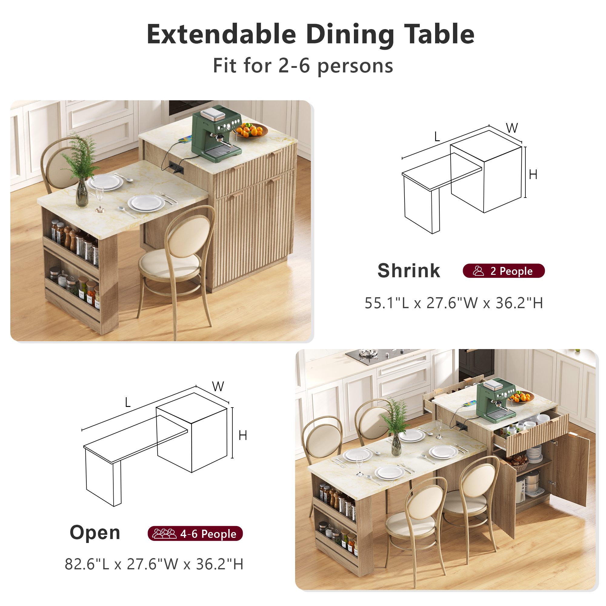 K&K 82.6' Fluted Kitchen Island with Extendable Dining Table for 4-6, Island Table for Kitchen with Power Outlet, Kitchen Table with Double-Side Storage, 2 Drawers 2 Side Open Shelves, Natural - Grand Goldman Shop