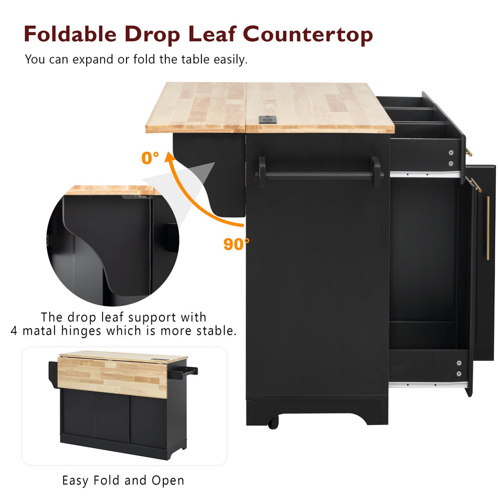 K&K 59.3' Kitchen Island with Storage 2 Pull Out Cabinet Organizers & Rubber Wood Drop Leaf, Rolling Kitchen Island with Trash Can Storage, Power Outlet, Spice & Towel Rack for Kitchen, Dining, Black - Grand Goldman Shop