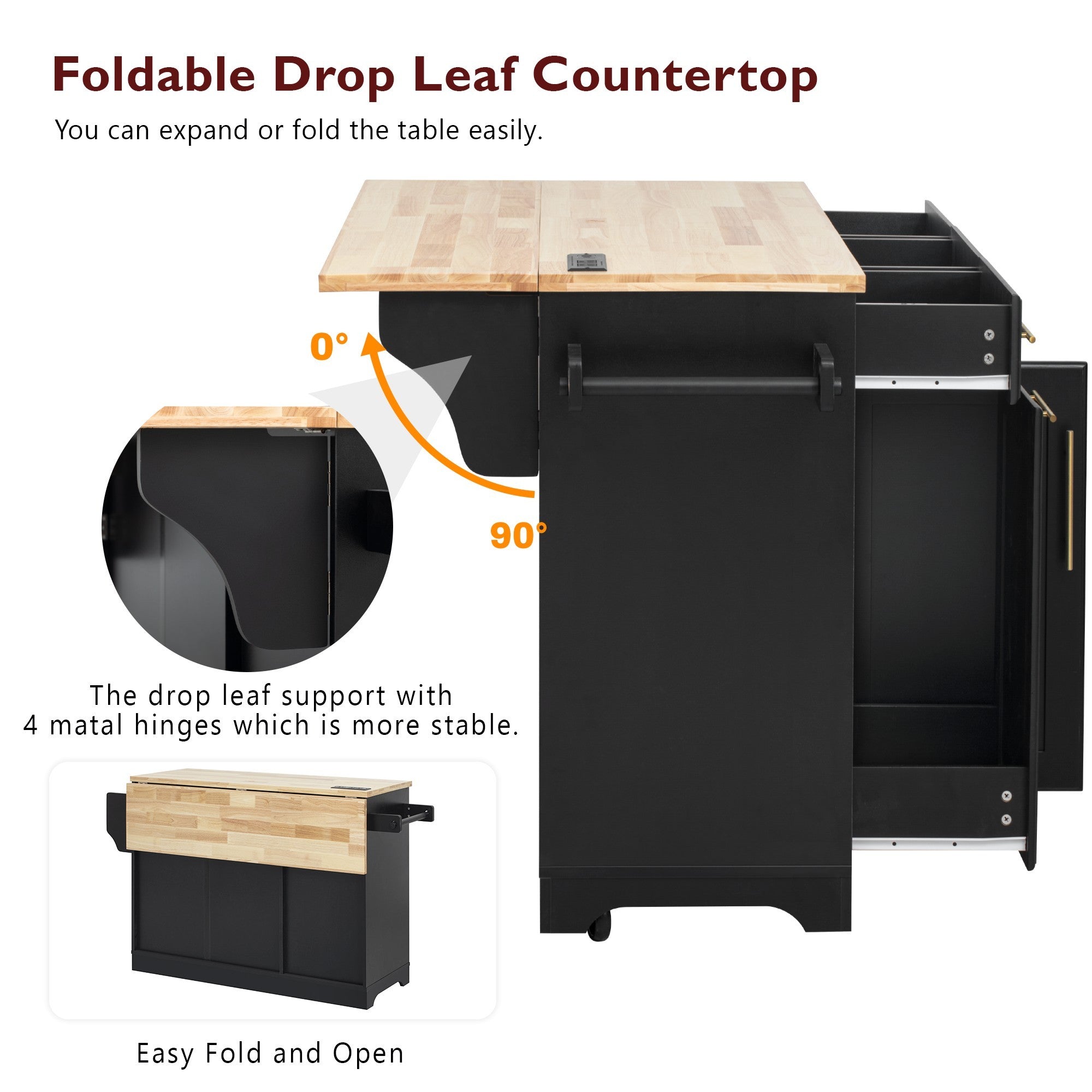 K&K 59.3' Kitchen Island with Storage 2 Pull Out Cabinet Organizers & Rubber Wood Drop Leaf, Rolling Kitchen Island with Trash Can Storage, Power Outlet, Spice & Towel Rack for Kitchen, Dining, Black - Grand Goldman Shop