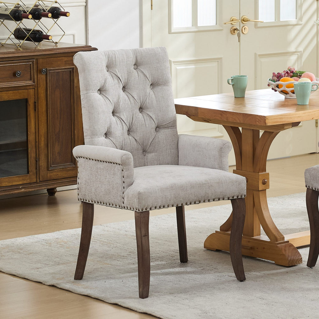 Upholstered Chenille Fabric Accent Dining Chair, Curved Solid Wood Legs, Elegant Tufted Club Dining Room Kitchen Room Arm Dining Chair, Single Pack,Beige,SW1895BG - Grand Goldman Shop