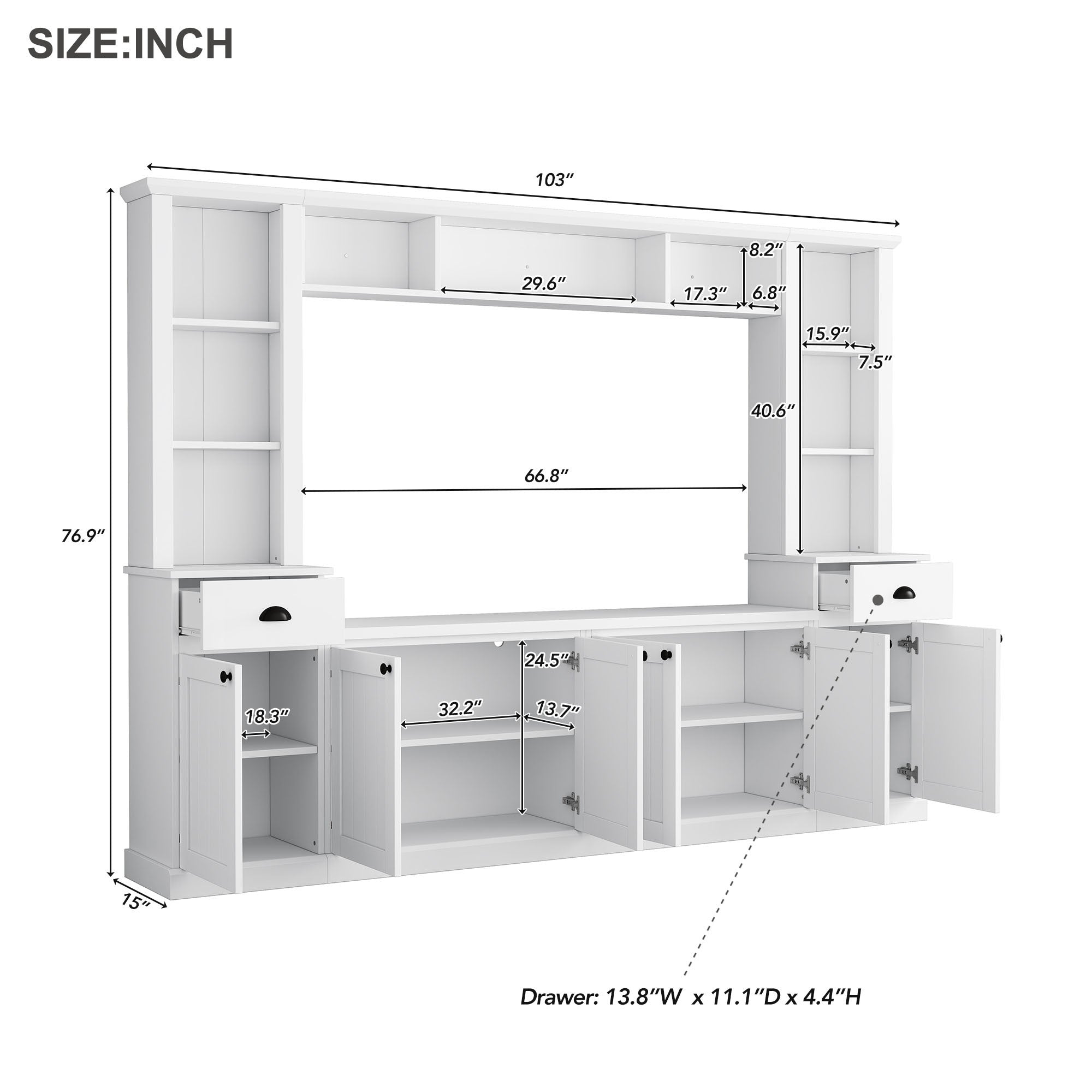 Minimalist Entertainment Wall Unit Set with Bridge for TVs Up to 75'', Ample Storage Space TV Stand with Adjustable Shelves, Modernist Large Media Console for Living Room, White - Grand Goldman Shop