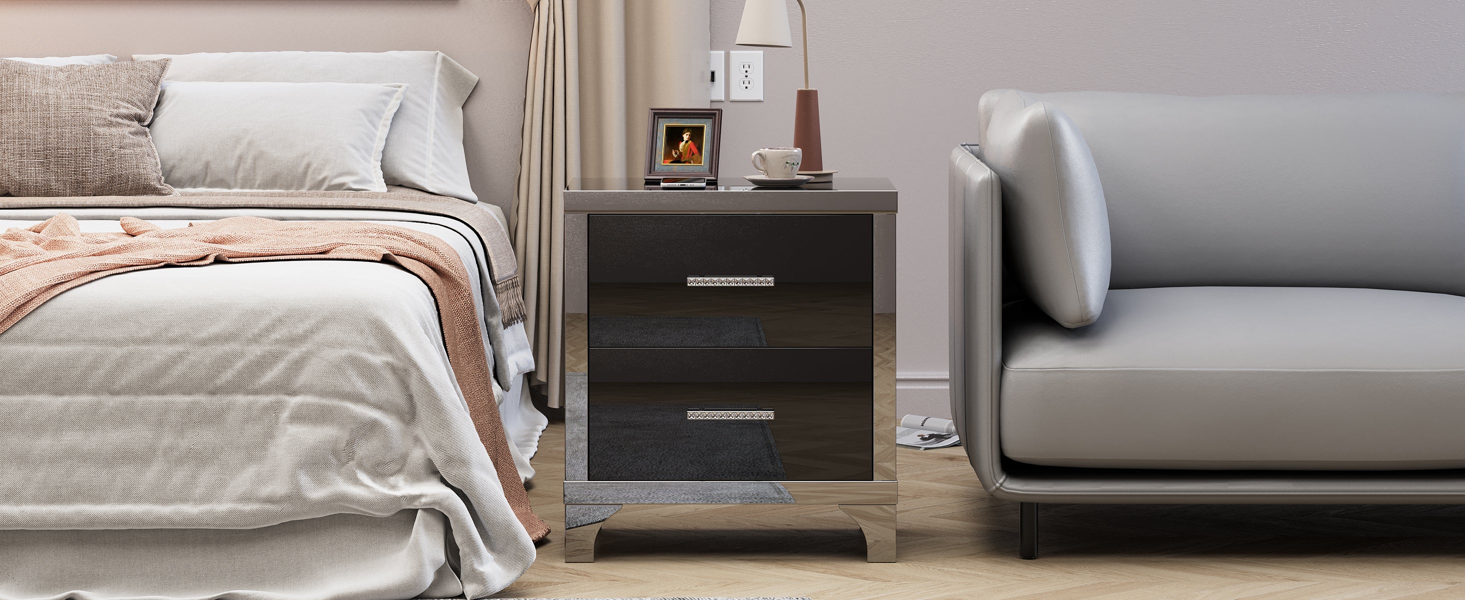 High Gloss Mirrored Nightstand with 2 Drawers,Modern End Table with Drawers,Mirrored High Gloss Wood Nightstand Metal Handle Bedside End Table for Bedroom, Dorm,Living Room,Black - Grand Goldman Shop