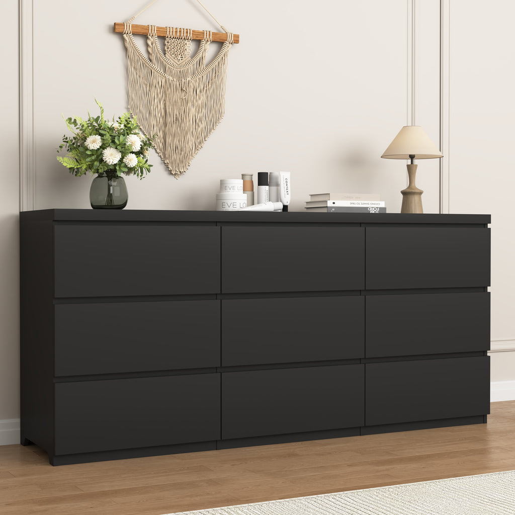 9 Drawer Dresser with No Handle Design, Modern Black Matte Wood Dresser for Bedroom, Storage Chest of Drawers for Living Room, Hallway, Entryway - Grand Goldman Shop