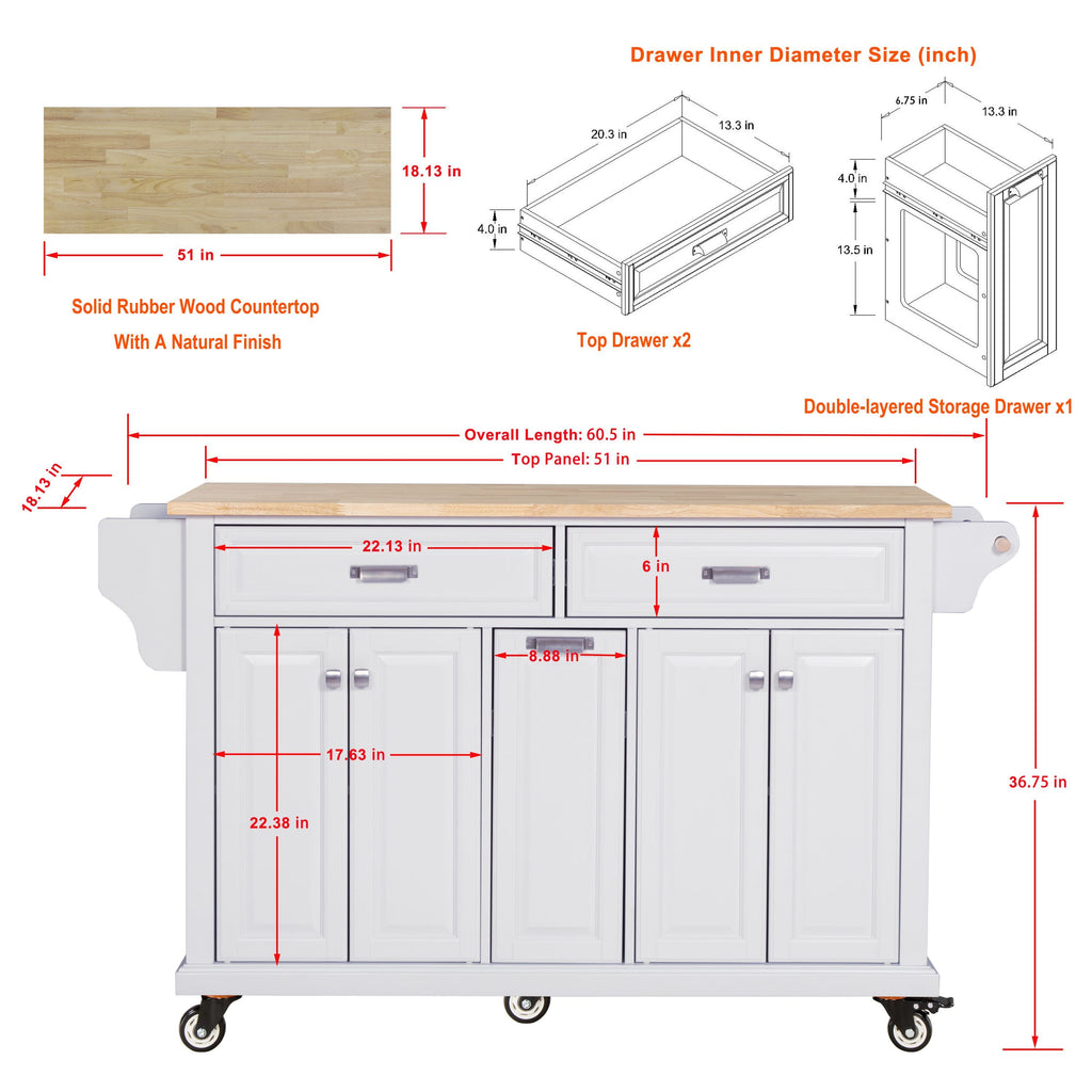 Kitchen Island with Rubber wood Countertop, Kitchen Cart on 5 Wheels with Storage Cabinet and 2 Top Drawers and A center double layered storage drawer for Dinning Room, White - Grand Goldman Shop