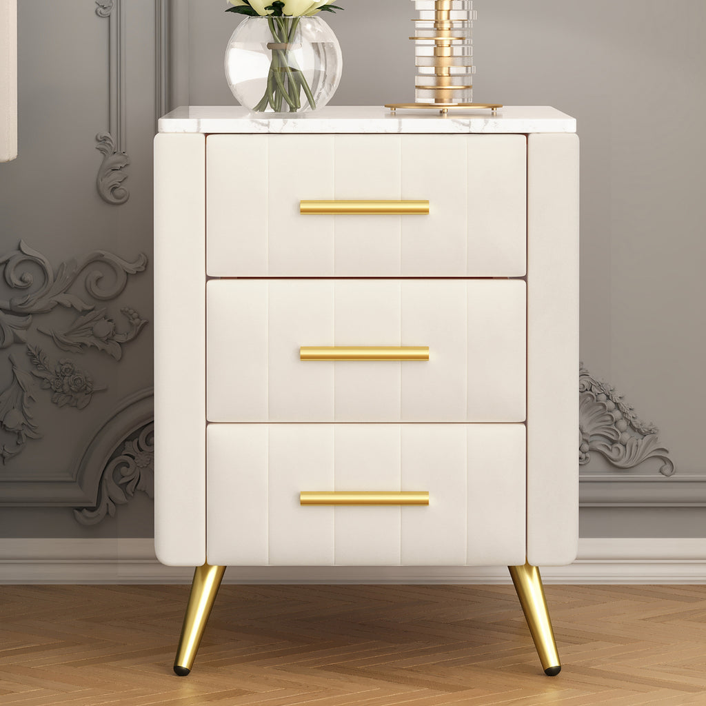 Upholstered Wooden Nightstand with 3 Drawers and Metal Legs&Handles, Bedside Table with Marbling Stickers Worktop - Beige - Grand Goldman Shop