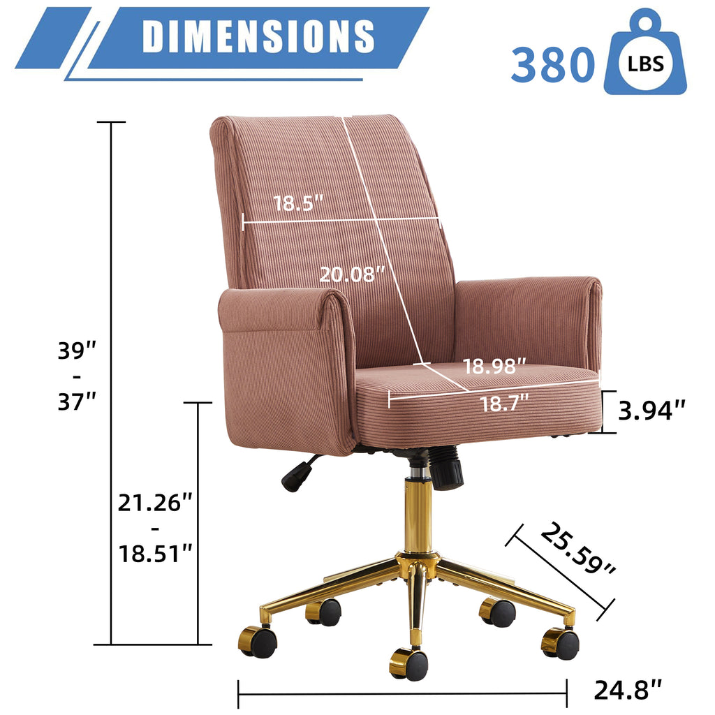 Ergonomic Mid-Back Office Chair with Striped Fabric, Light Pink Corduroy, Gold Base, 25.20L x 24.02W x 39.00H inches | Premiu