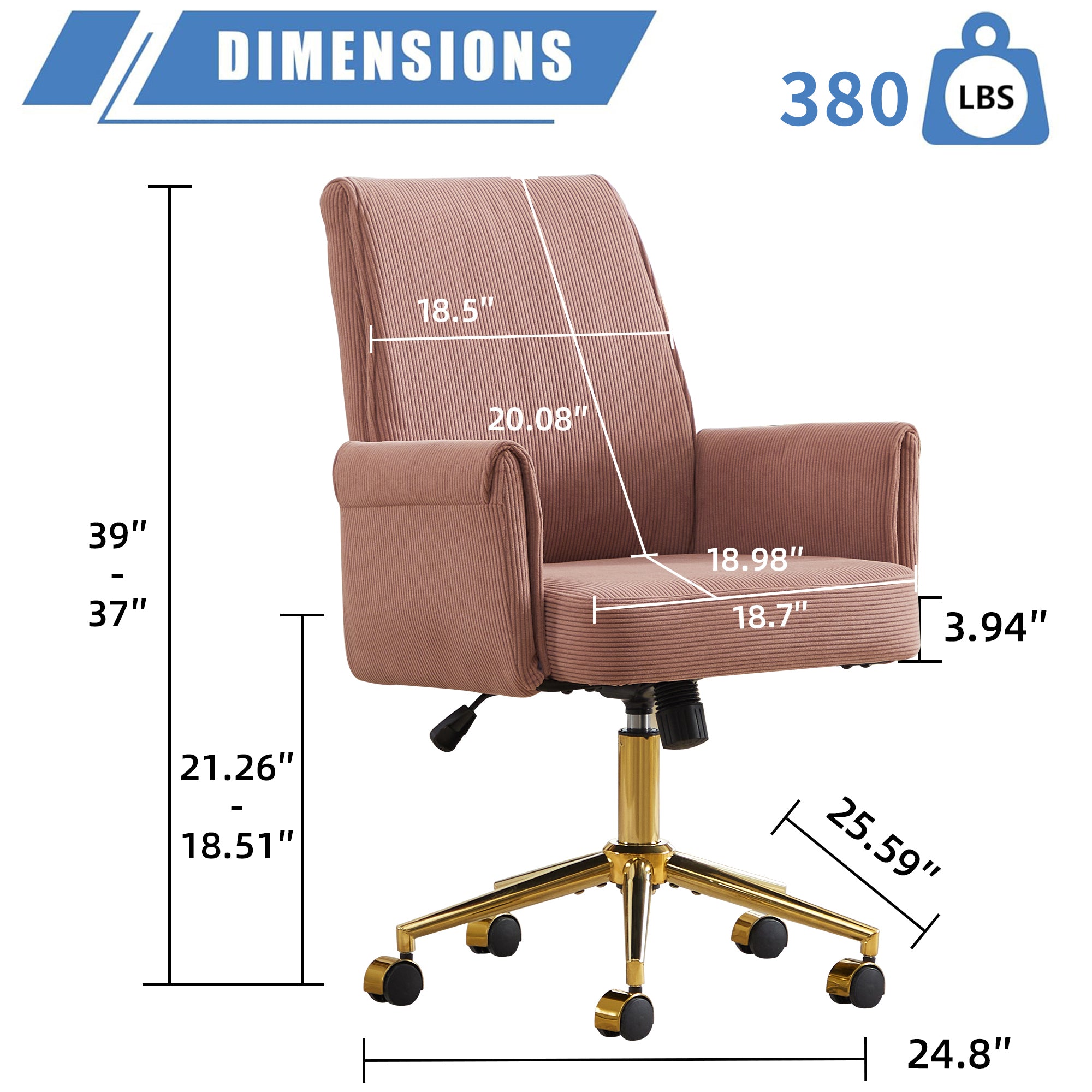 Ergonomic Mid-Back Office Chair with Striped Fabric, Light Pink Corduroy, Gold Base, 25.20L x 24.02W x 39.00H inches | Premiu