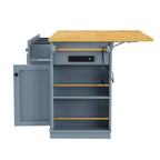 K&K 53inch Large Kitchen Island with 2 Bar Stools,Power Outlet,Door Internal Storage Rack,Kitchen Storage Cart on 5 Wheels with Drop Leaf,5 Open Side Racks,3 Drawers,Grey Blue (Three Packages) - Grand Goldman Shop