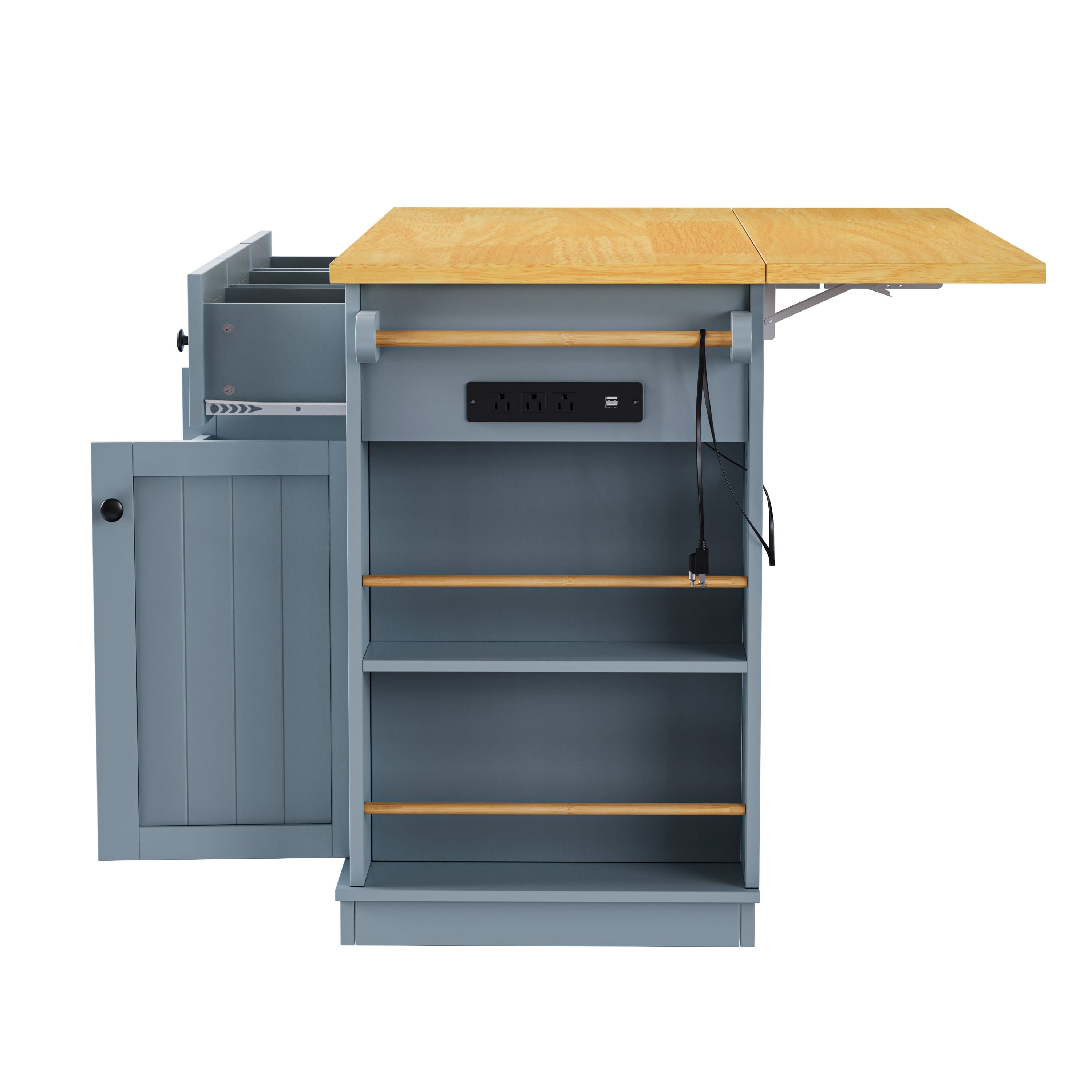 K&K 53inch Large Kitchen Island with 2 Bar Stools,Power Outlet,Door Internal Storage Rack,Kitchen Storage Cart on 5 Wheels with Drop Leaf,5 Open Side Racks,3 Drawers,Grey Blue (Three Packages) - Grand Goldman Shop