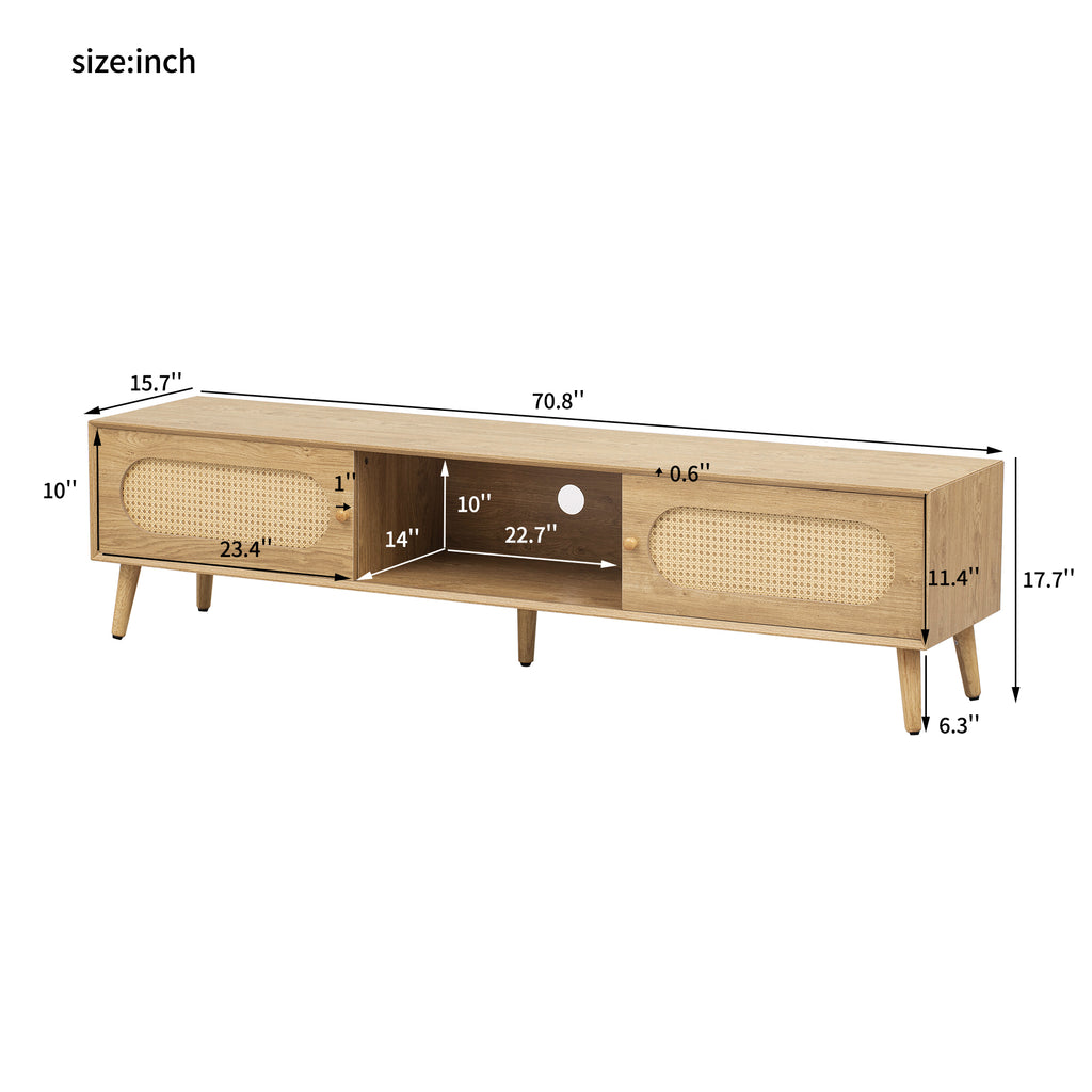 Boho TV Stand for TVs up to 80'', Modern Farmhouse Media Console with Solid Wood Legs, Natural Wood Finish, MDF Cabinet, 70.8''L x 15.7''W x 17.7''H - Grand Goldman Shop