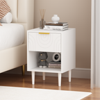 Modern White Nightstand with One Drawer and Open Shelf, Gold-Accented Handle, 22.83'' H, MDF, White - Grand Goldman Shop