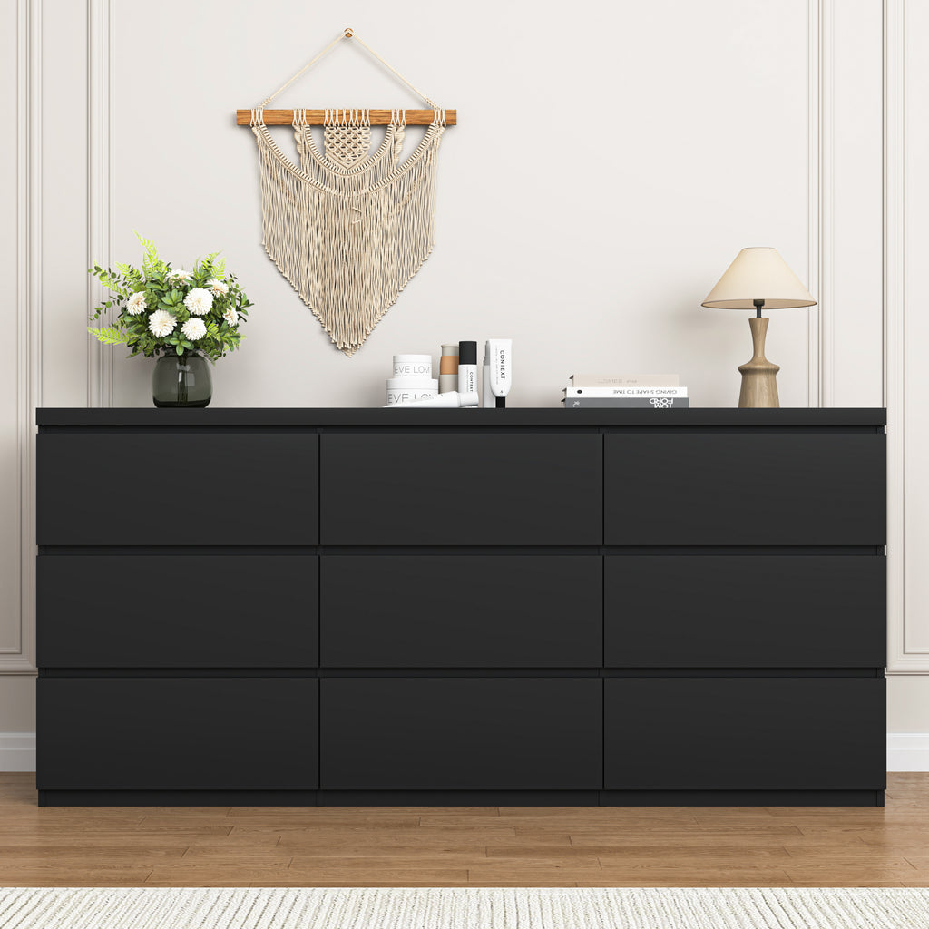9 Drawer Dresser with No Handle Design, Modern Black Matte Wood Dresser for Bedroom, Storage Chest of Drawers for Living Room, Hallway, Entryway - Grand Goldman Shop
