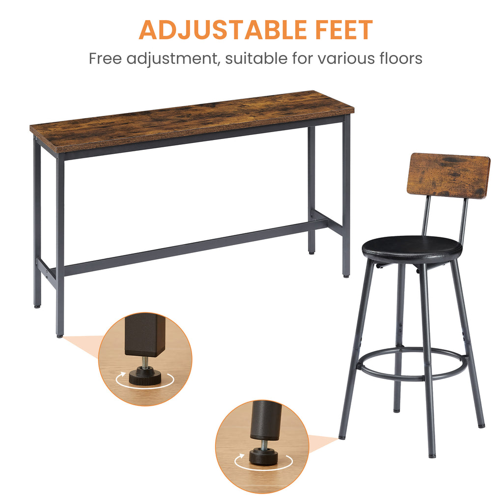 Long Bar Table Set with 3 PU Upholstered Bar Stools, Industrial Bar Table and Chairs for Kitchen Breakfast Table, Living Room, Banquet Hall, Rustic Brown and Black, 63″L x15.7'W x 37.5'H - Grand Goldman Shop