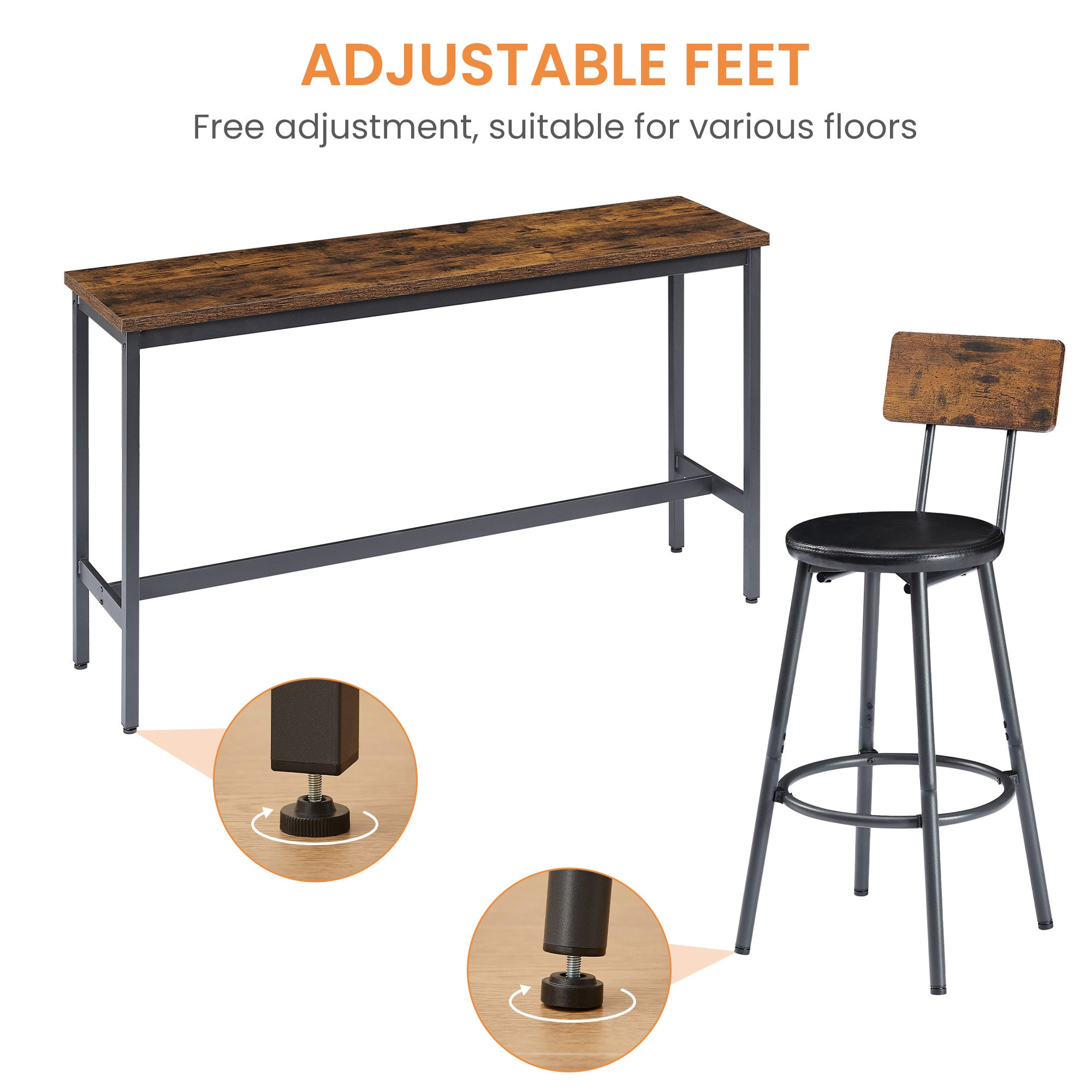 Long Bar Table Set with 3 PU Upholstered Bar Stools, Industrial Bar Table and Chairs for Kitchen Breakfast Table, Living Room, Banquet Hall, Rustic Brown and Black, 63″L x15.7'W x 37.5'H - Grand Goldman Shop