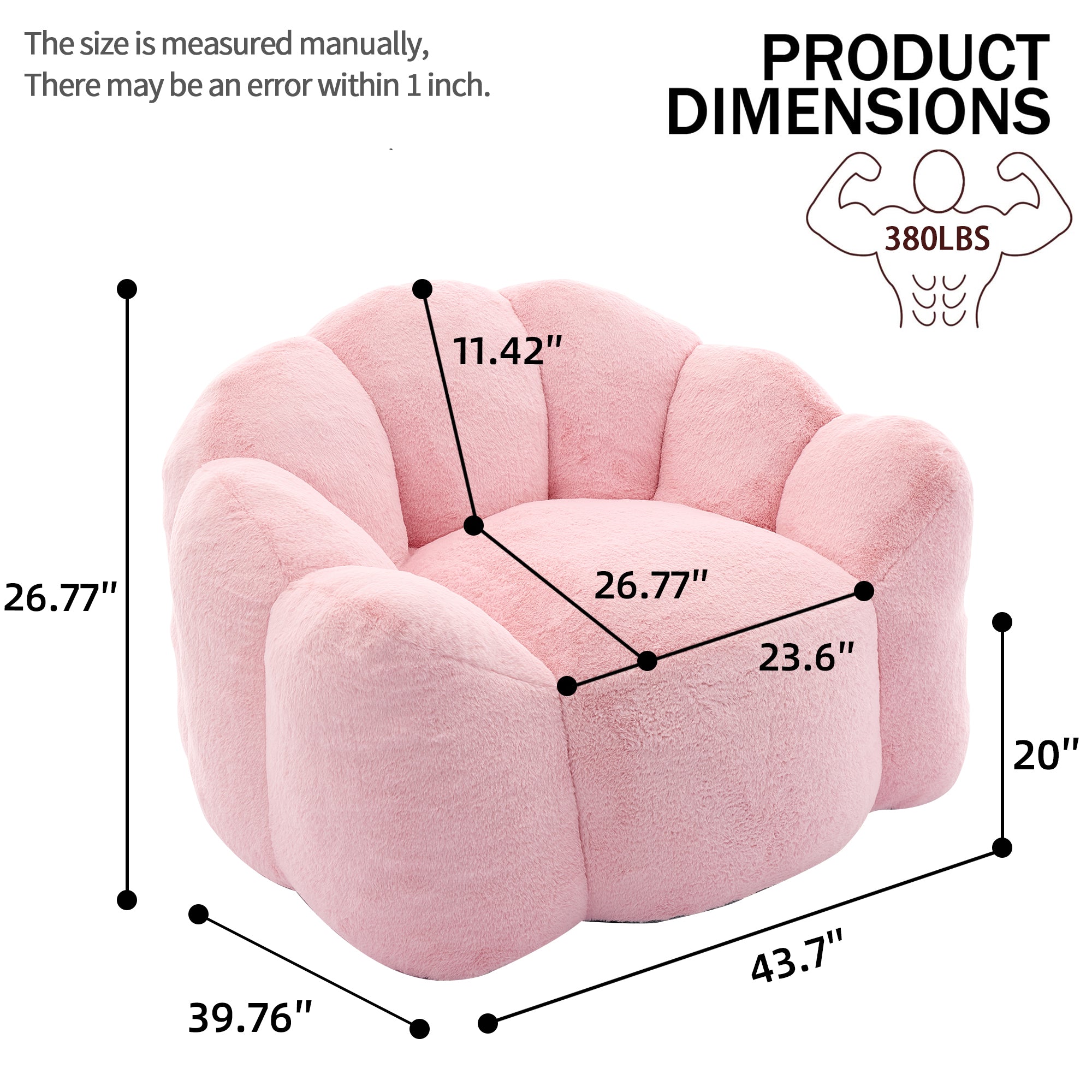 Lotus Style Compression Sofa Adult Bean Bag with Pull Ring in Pink Plush, 43.7 x 39.76 x 26.77 inches, No Installation Required - Grand Goldman Shop