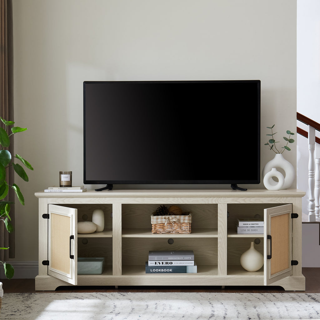 Farmhouse Rattan TV Stand Console Table for TVs up to 70 Inches, TV Console Table with 2 Storage Shelves, 2 Natural Rattan Door Cabinets,65'W*15.55'D*23.86'H, White - Grand Goldman Shop