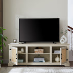 Farmhouse Rattan TV Stand Console Table for TVs up to 70 Inches, TV Console Table with 2 Storage Shelves, 2 Natural Rattan Door Cabinets,65'W*15.55'D*23.86'H, White - Grand Goldman Shop