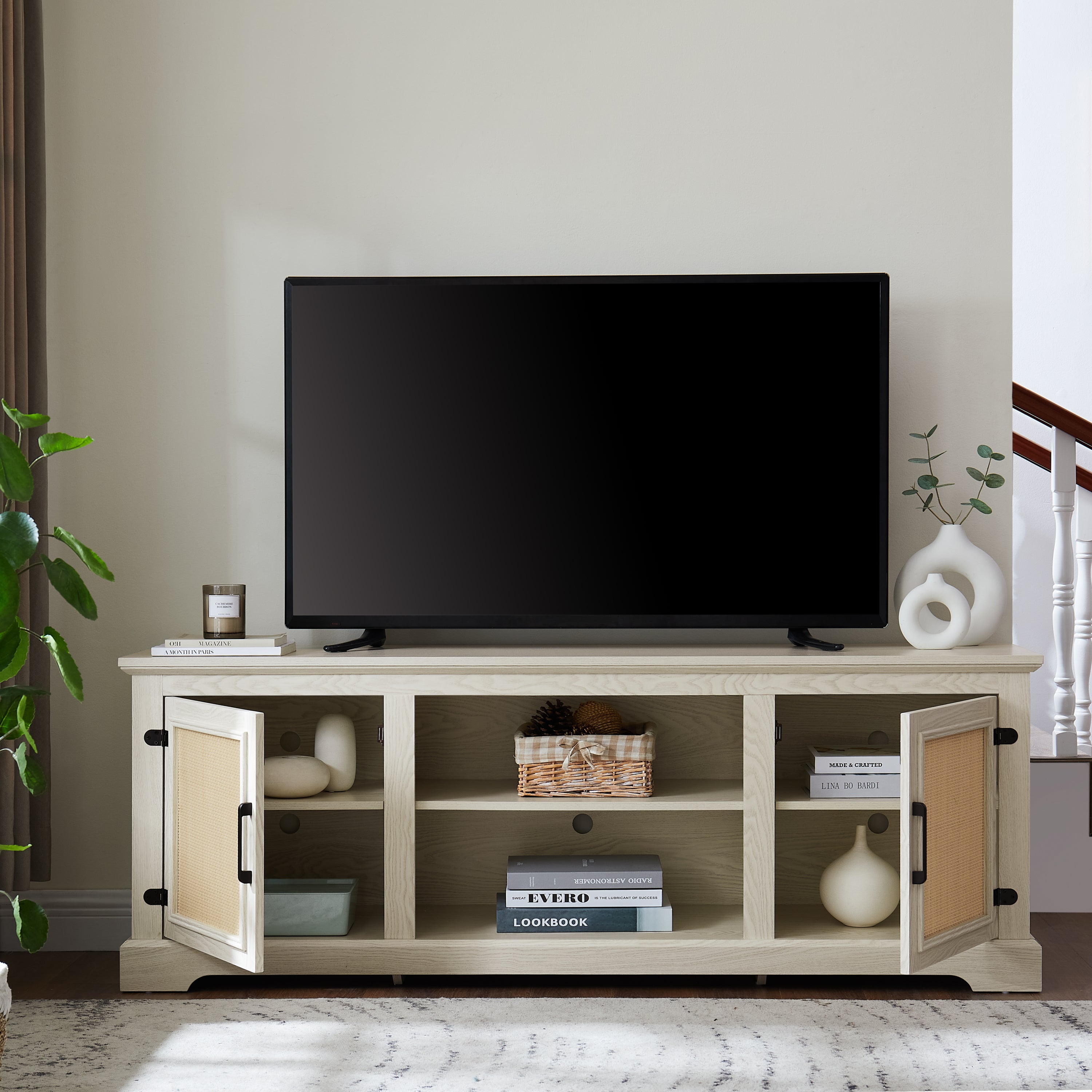 Farmhouse Rattan TV Stand Console Table for TVs up to 70 Inches, TV Console Table with 2 Storage Shelves, 2 Natural Rattan Door Cabinets,65'W*15.55'D*23.86'H, White - Grand Goldman Shop