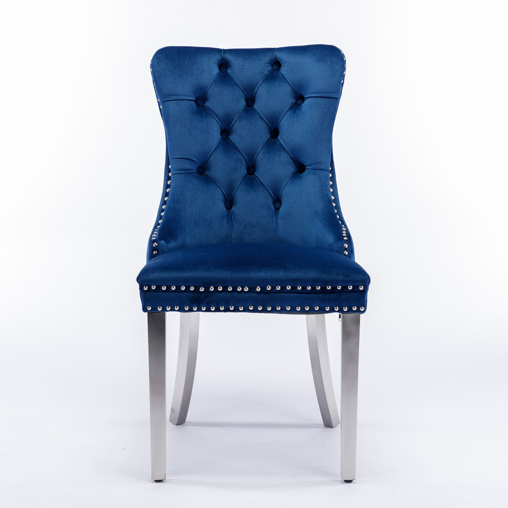 Nikki Collection Modern, High-end Tufted Solid Wood Contemporary Velvet Upholstered Dining Chair with Chrome Stainless Steel Plating Legs,Nailhead Trim,Set of 2,Blue and Chrome, SW1701BL - Grand Goldman Shop