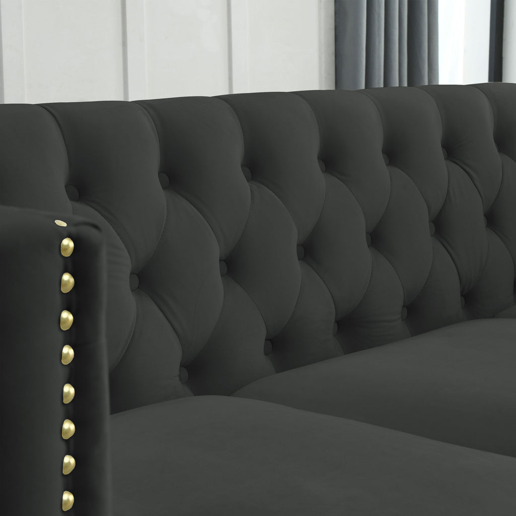 Modern Black Velvet Sofa with Button Tufting and Metal Legs, 3-Seater Couch for Living Room or Bedroom, Upholstered in Soft Velvet with Solid Wood Frame - Grand Goldman Shop