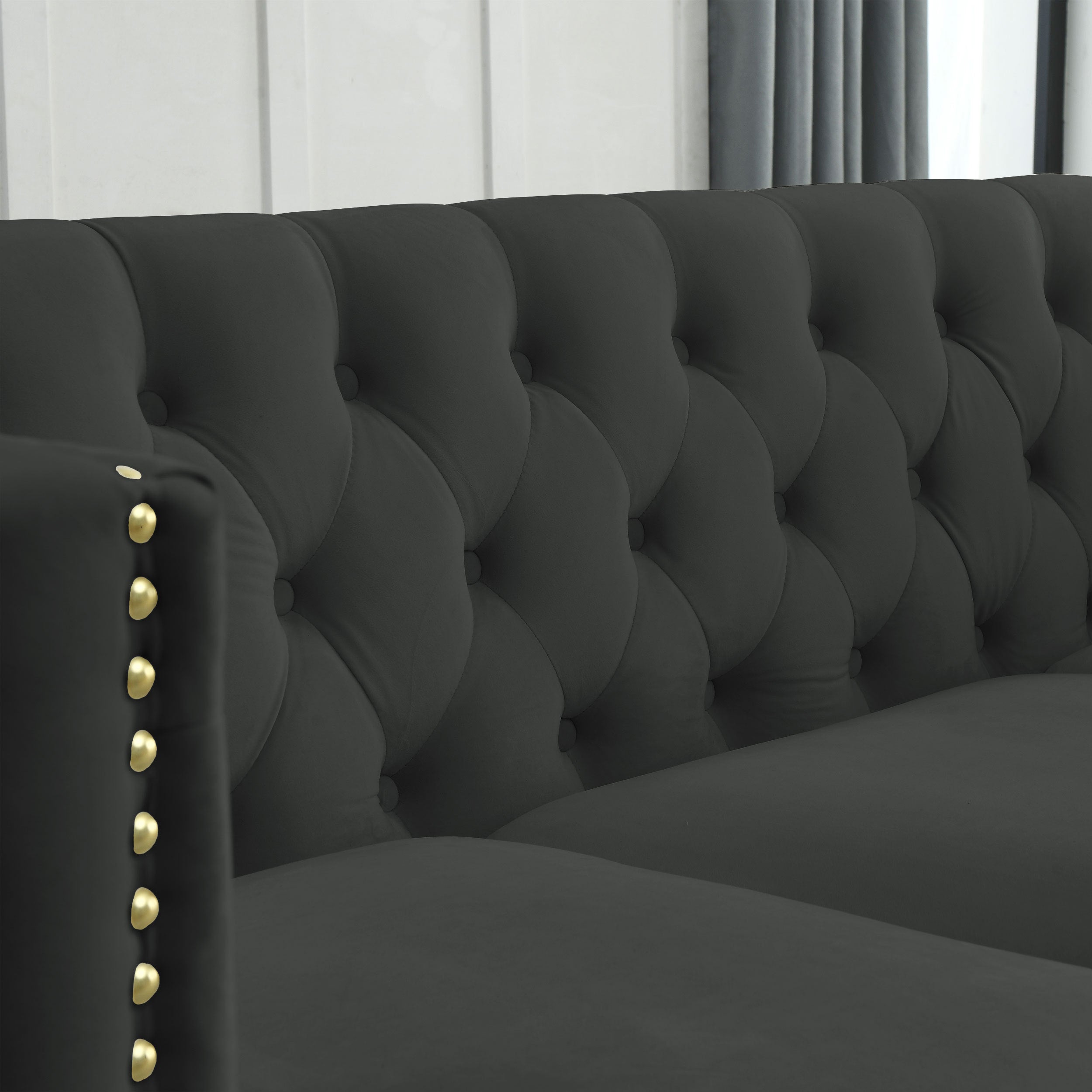 Modern Black Velvet Sofa with Button Tufting and Metal Legs, 3-Seater Couch for Living Room or Bedroom, Upholstered in Soft Velvet with Solid Wood Frame - Grand Goldman Shop