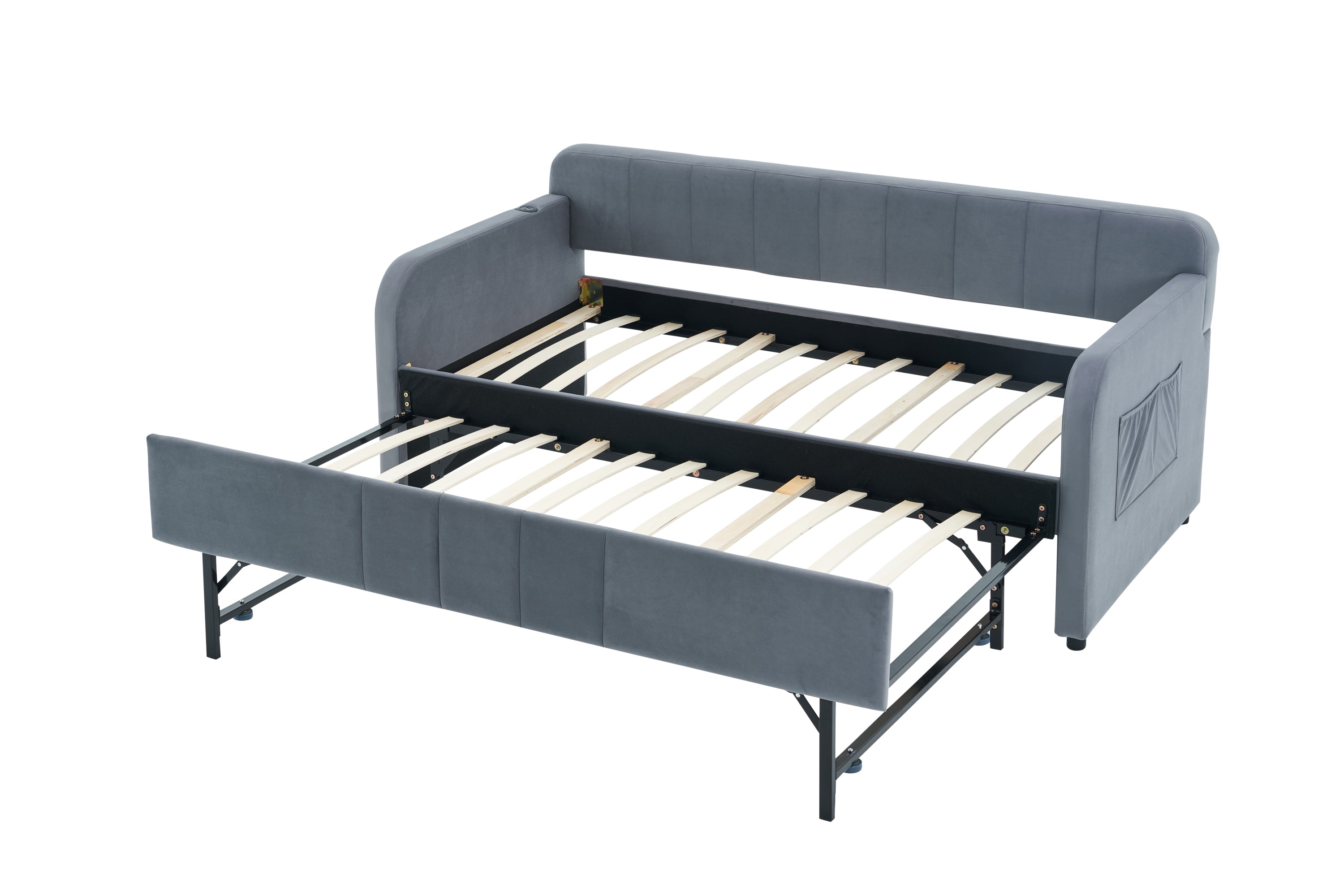 Twin Upholstered Daybed Frame with Trundle, Twin Size Sofa Bed for Bedroom Living Room Guest Room, Wood Slat Support,Grey - Grand Goldman Shop