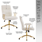 Textured Boucle Fabric White and Gold Office Chair, Modern Height Adjustable Desk Chair with Padded Arms | Premium Home Decor