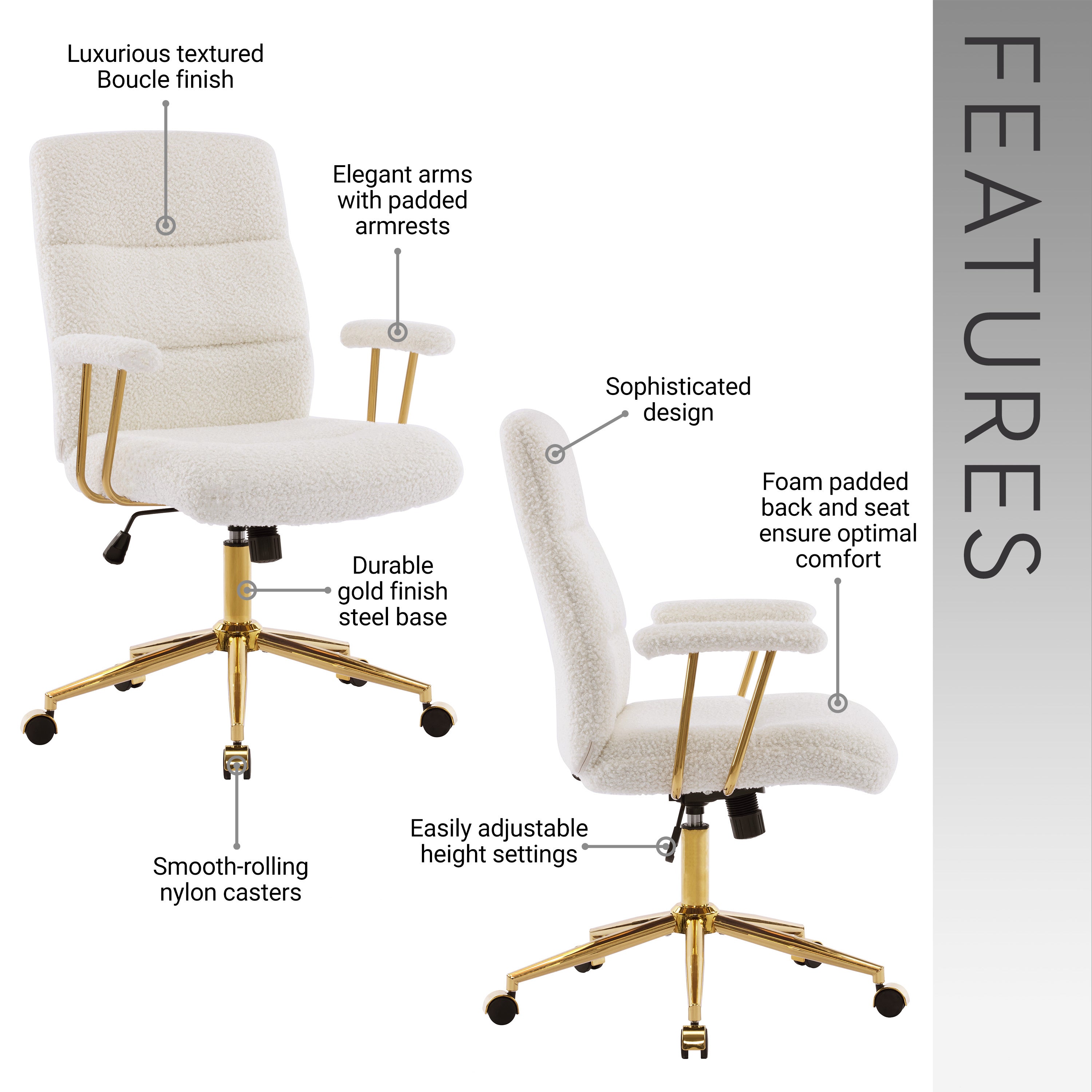 Textured Boucle Fabric White and Gold Office Chair, Modern Height Adjustable Desk Chair with Padded Arms | Premium Home Decor