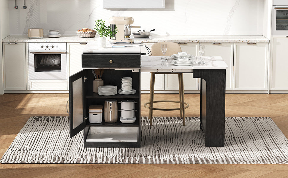 K&K 59.5' Kitchen Island with Extendable Dining Table, Kitchen Storage Table with Double-sided Storage, Kitchen Island with 2 Drawers, Power Outlet, Side Open Shelves, for Kitchen, Dining Room, Black - Grand Goldman Shop