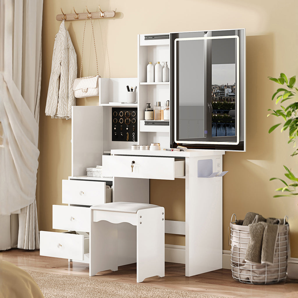 Vanity Desk Set with Sliding Lighted Mirror, Makeup Dressing Table with 4 Drawers & 9 Storage Spaces, Hidden Compartments and Cushioned Stool, White Beauty Furniture for Bedroom - Grand Goldman Shop