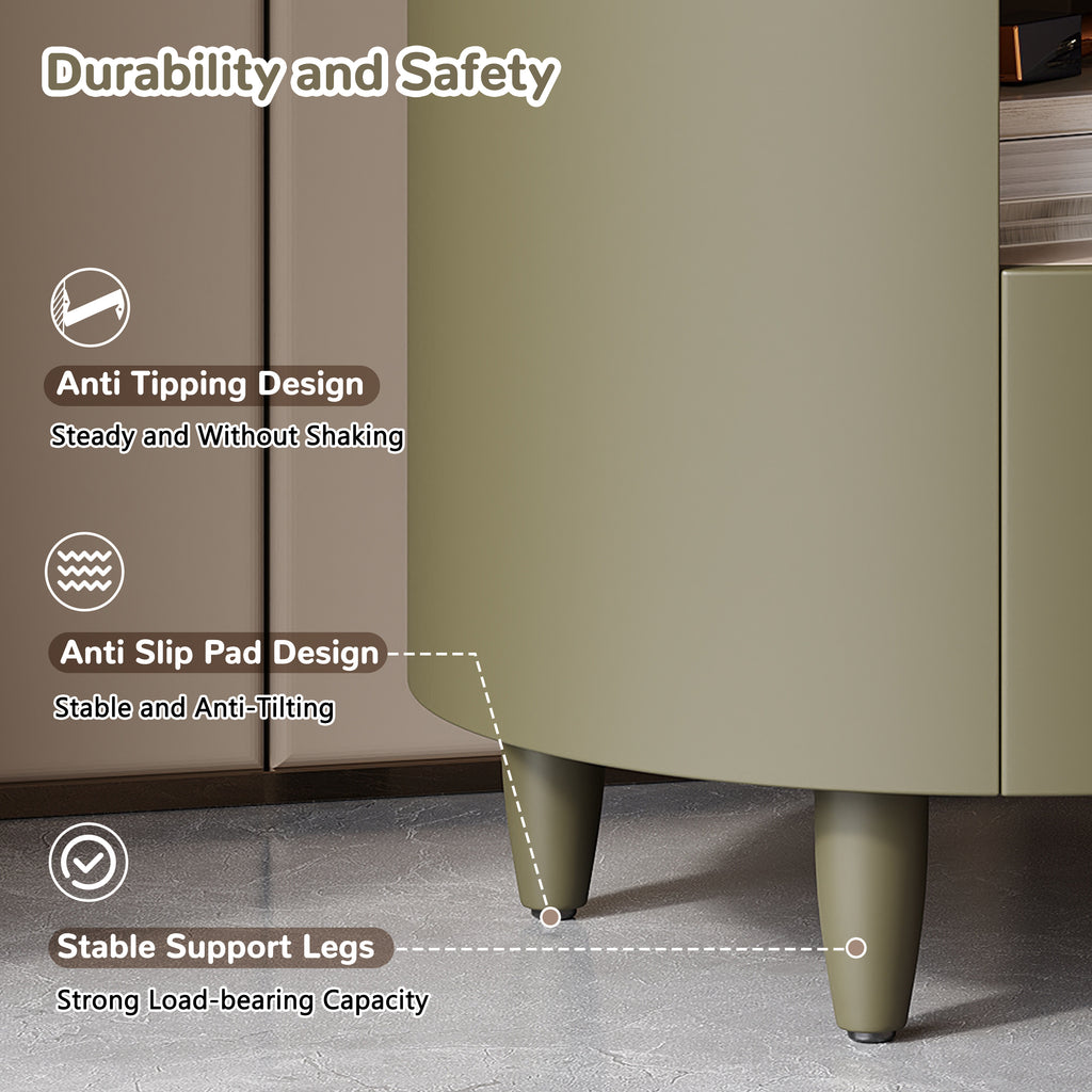 Contemporary & Modern Round Nightstand with Storage Drawer, Sofa End Table with Open Storage Shelf, Bedside Table with Curved Design for Living Room & Bedroom, Easy Assembly, Green - Grand Goldman Shop