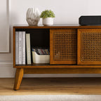 59 Inch Mid Century Modern Rattan TV Stand for 65 Inch TV, Entertainment Cabinet, Media Console for Living Room Media Room, Solid Wood Feet & Rattan Cabinet Doors - Light Wood - Grand Goldman Shop