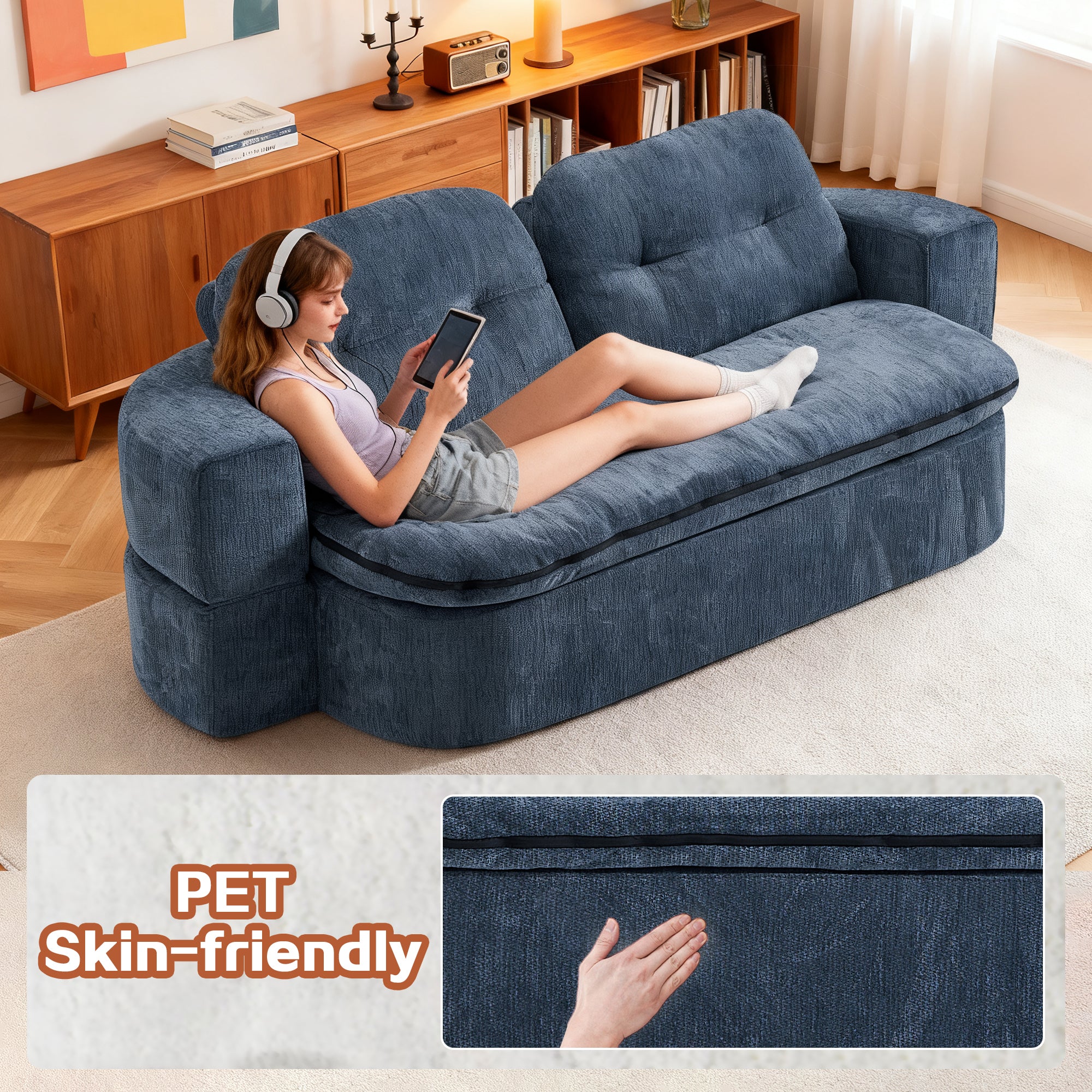 Modern Floor Sofa with 2 Pillows,Convertible Corduroy Fabric Foam-Filled Sleeper Sofa Bed, no assembly required,Convertible Sofa Cushion Unfolds into Quilt,Folding Mattress for Living Room,Playroom - Grand Goldman Shop
